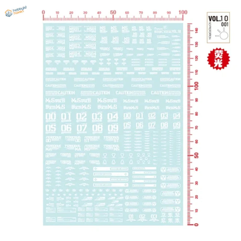 Light blue sticker sheet with Sci-Fi Gunpla decals and precision hobby tools
