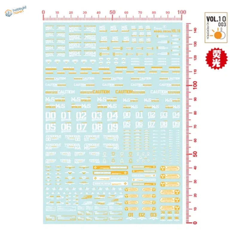 Light blue decal sheet with gold white Sci-Fi Gunpla markings, precision hobby tools