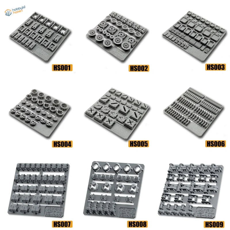 Gray plastic detailing parts trays for Gunplas with 28 models