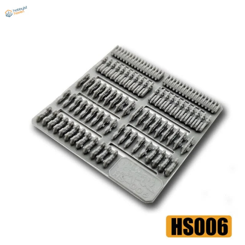 Gray plastic tray of detailing parts for Gunplas with 28 military miniatures