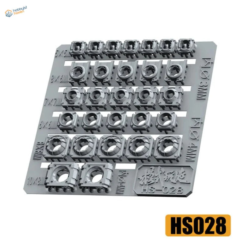 Gray plastic detailing parts mounting plate with pre-drilled square holders for Gunplas