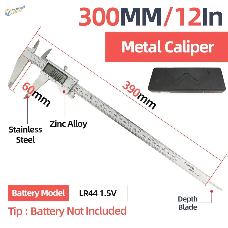 Silver digital vernier caliper made of stainless steel and zinc alloy with 300mm measuring range for scale modeling