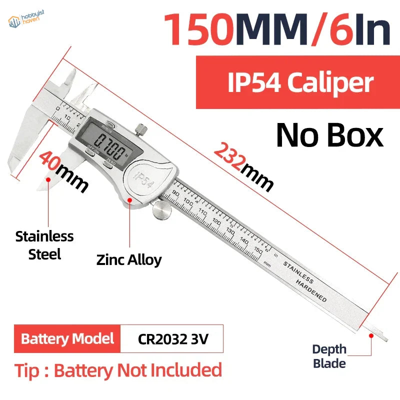 Digital vernier caliper 150mm with stainless steel body zinc alloy components ip54 rating for scale modeling precision