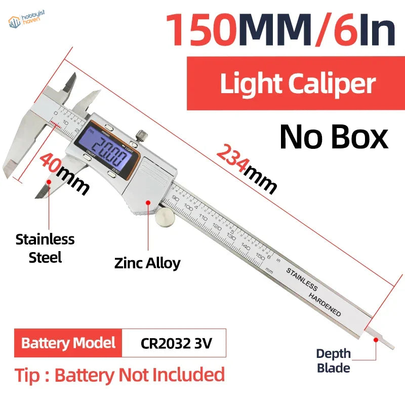 Silver digital vernier caliper with stainless steel and zinc alloy construction 150mm measuring range for scale modeling