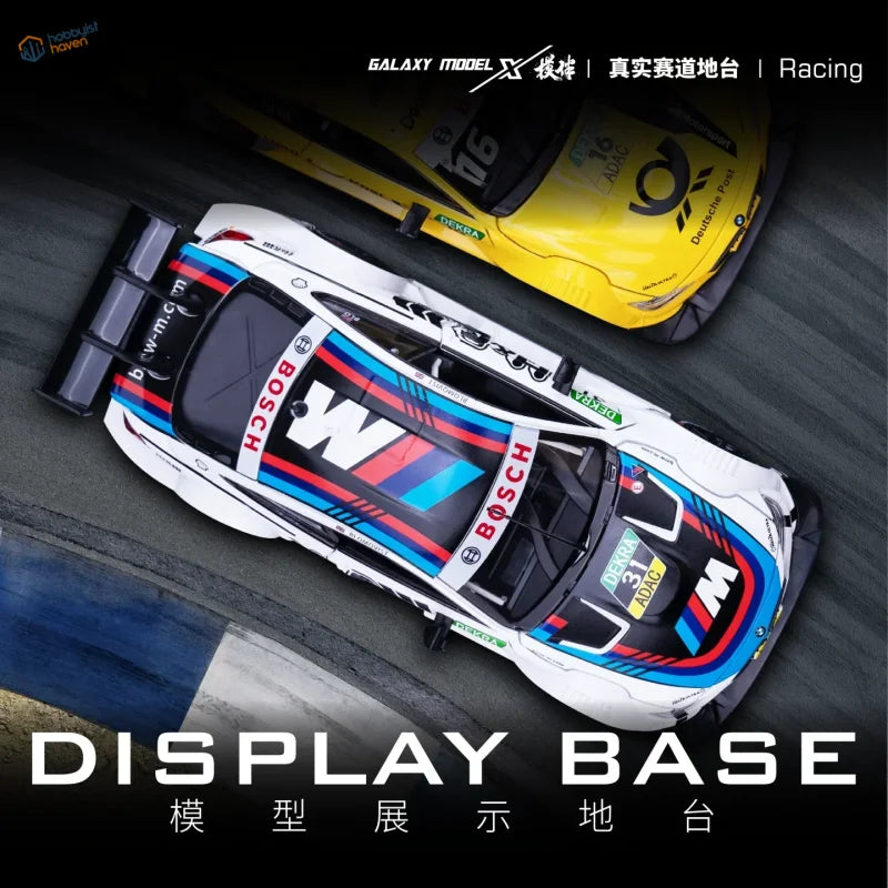 White and blue BMW M3 racing car on realistic track display base with aluminum alloy frame