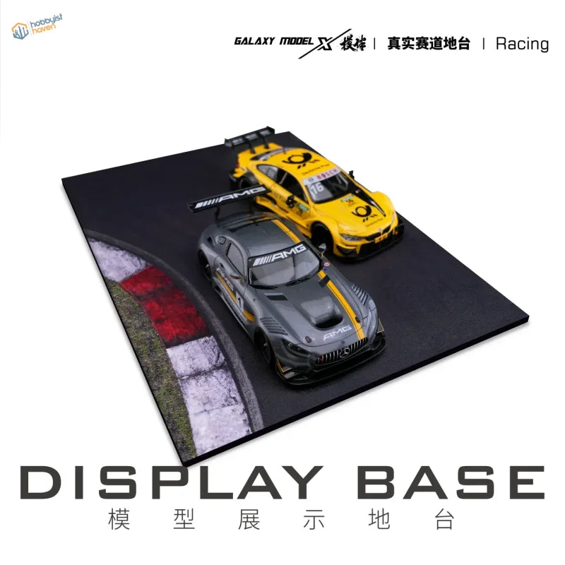 1/24 scale display base with aluminum alloy frame, yellow and gray diecast cars on realistic track