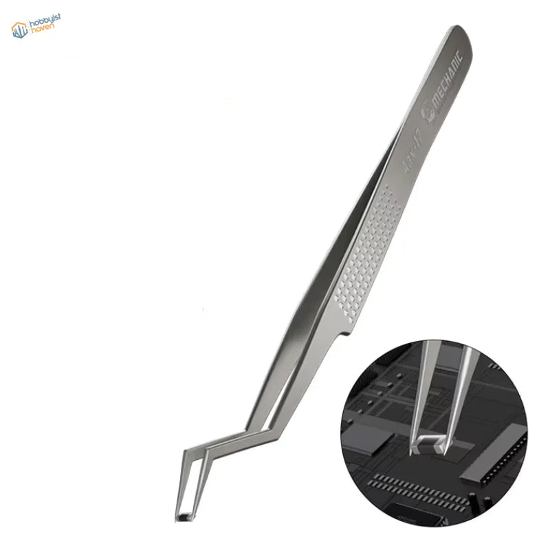 Silver-tipped Double-angled Fine Tweezers with mechanic branding, model building tools