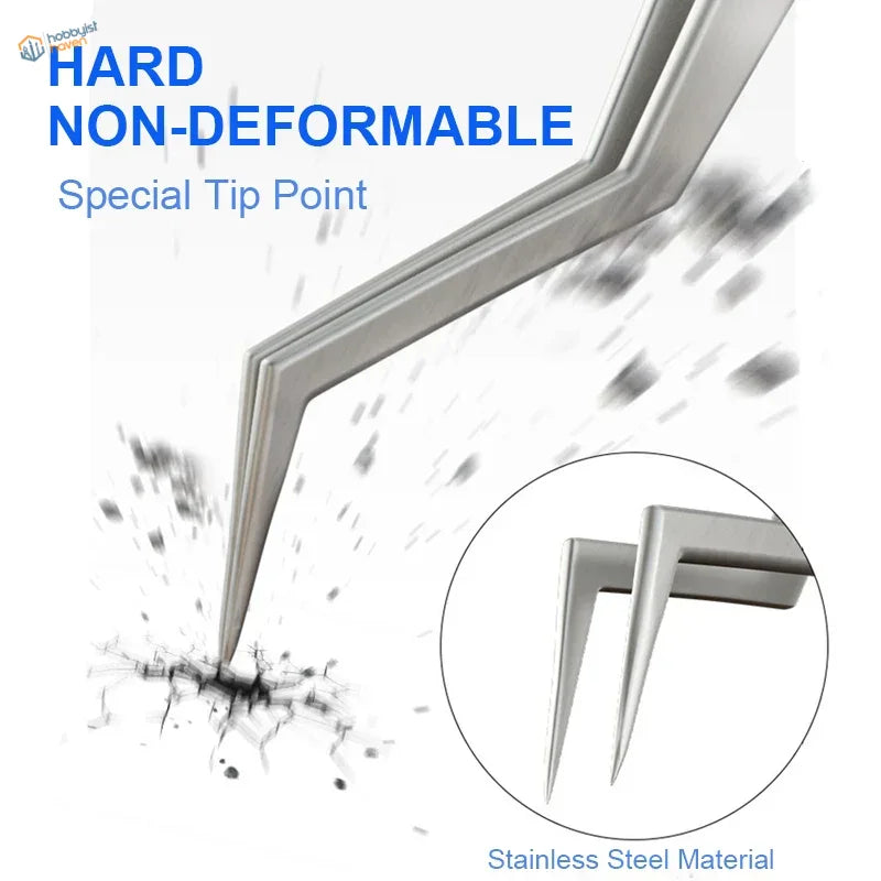 Double-angled fine tweezers with non-deformable stainless steel tips for scale modeling