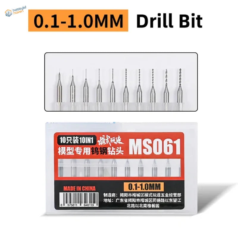 Double bearing hand drill with 10 HSS precision bits 0.1-1.0mm ms061