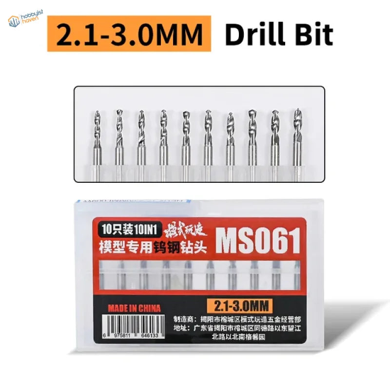 Set of 10 model-specific 2.1-3.0mm tungsten carbide drill bits ms061 for double bearing hand drill