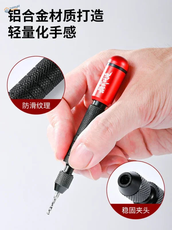Red and black double bearing hand drill with textured grip
