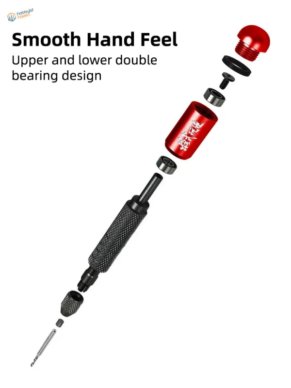 Red and black double bearing hand drill with textured grip