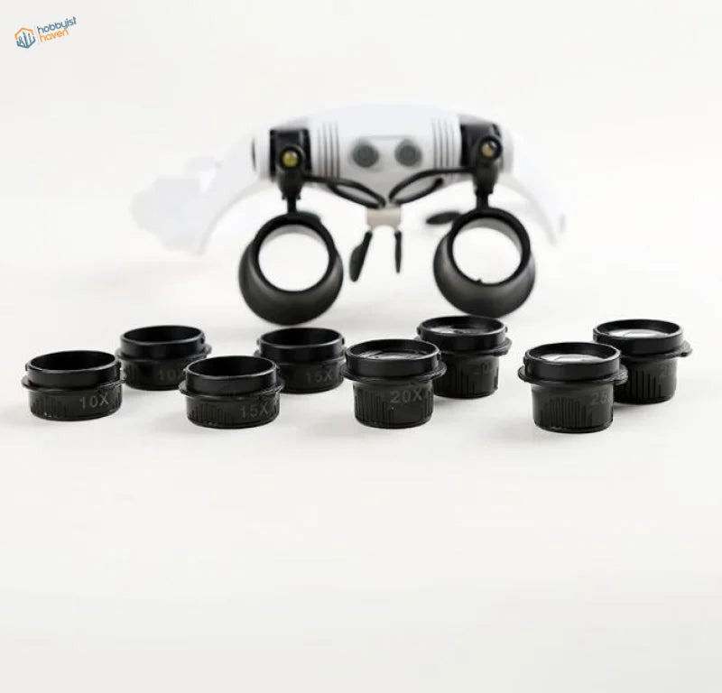 Double-eye magnifier lens pairs marked 10x, 15x, 20x and 25x