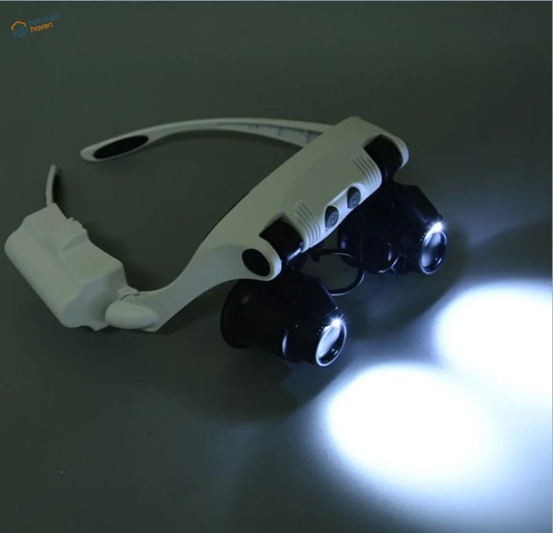 Head-worn double-eye magnifier with LED lamp