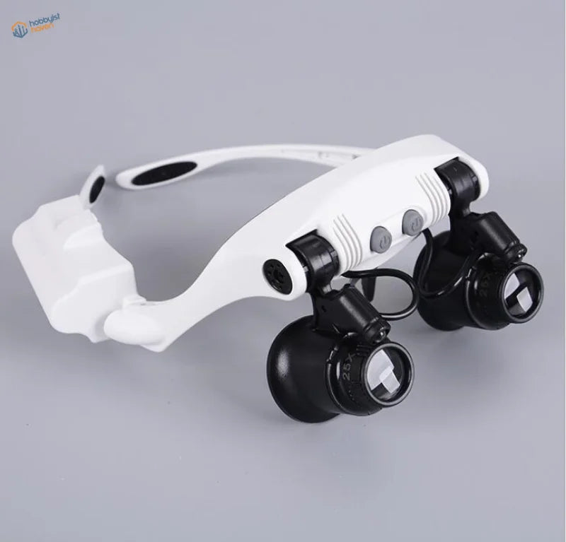 Double-eye magnifier with adjustable LED head lamp, front view