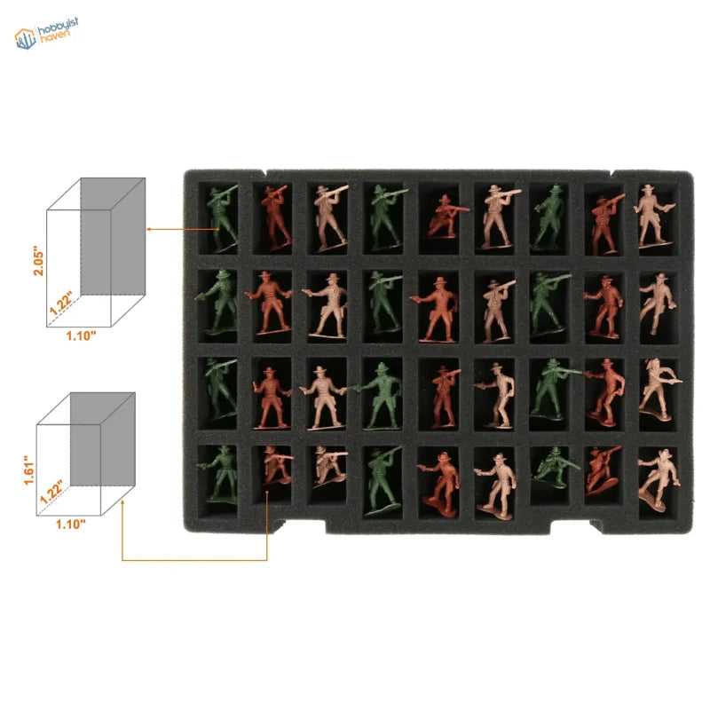 Black foam tray in Double-Layer Miniature Figures Storage Case holds 36 green tan toy soldiers