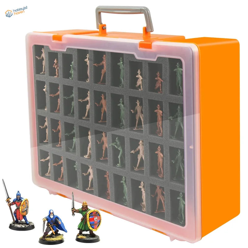 Double-layer miniature figures storage case with orange plastic, transparent front, gray handle, compartments for miniature collection