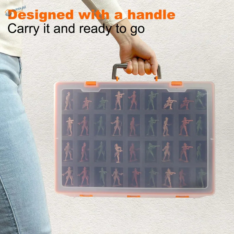Double-layer miniature figures storage case with orange accents and colorful collection