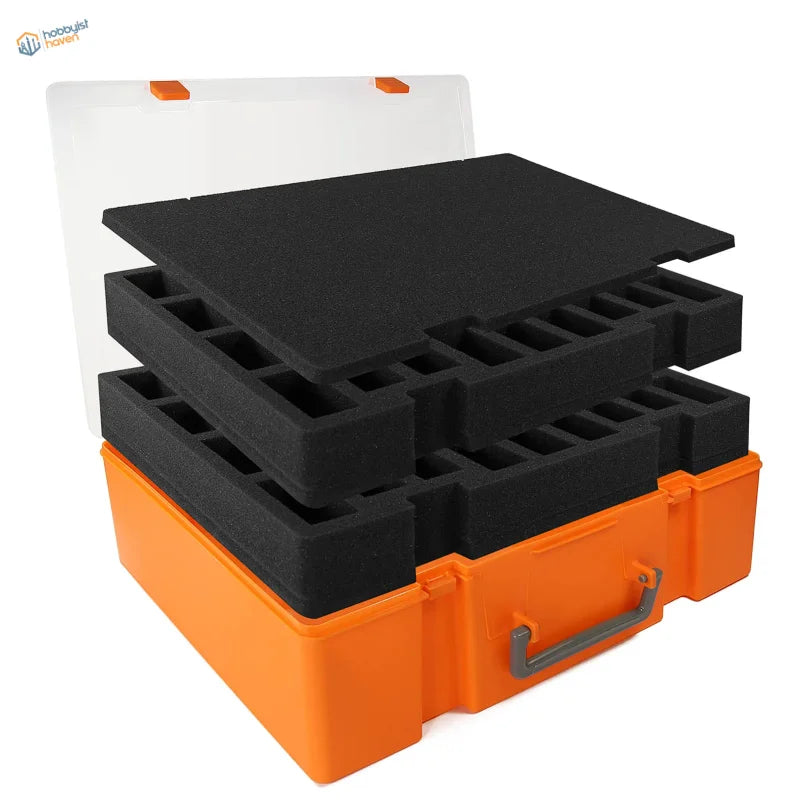 Double-layer miniature figures storage case with orange body, clear lid, black foam
