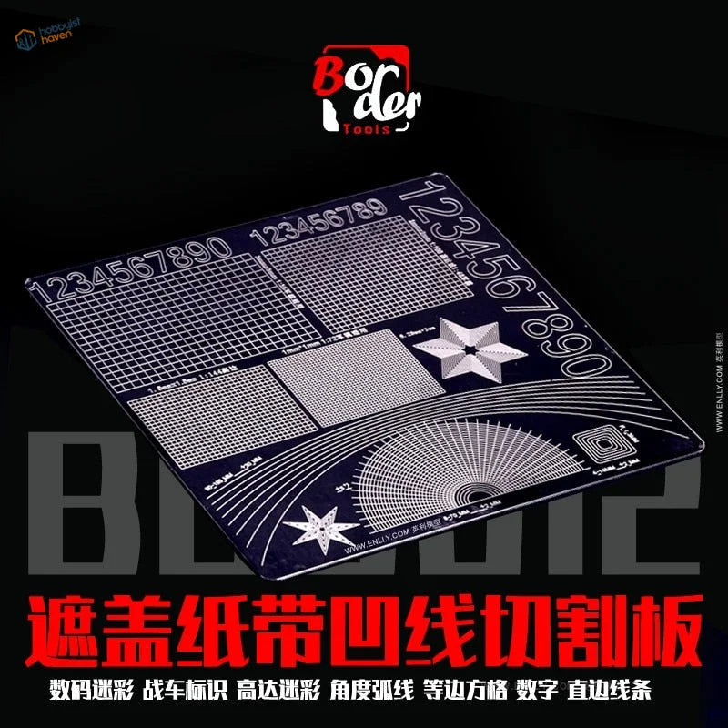 Double-sided masking tape cutting template: dark blue transparent grid with 0-9, stars, circles