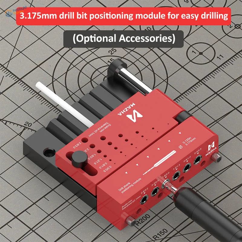 Red 3.175mm shank positioning module for hole locator with black accents