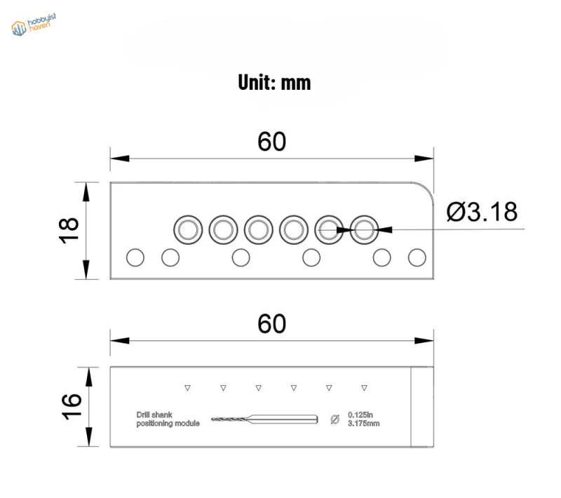 60mm x 18mm shank positioning module for hole locator with 6 holes
