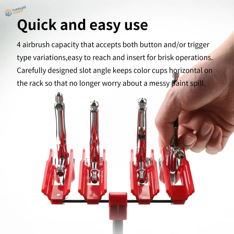 DSPIAE 4-dock airbrush holder with red rack and silver airbrushes