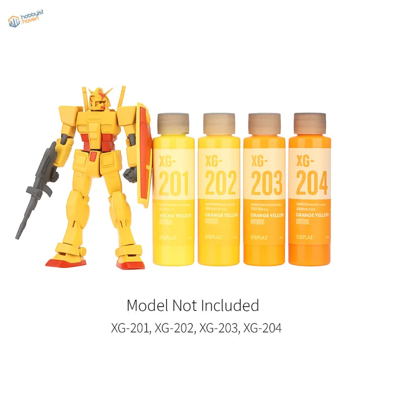 Yellow red Gundam model kit with black weapon shield using DSPIAE pre-mixed acrylic paints