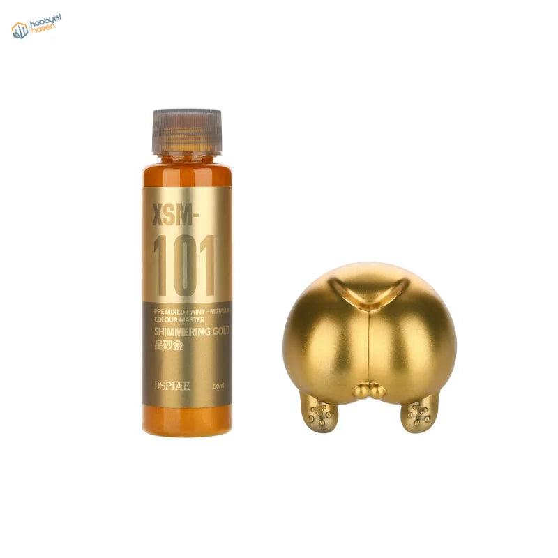 DSPIAE 50ml pre-mixed metallic paint bottle with gold shimmer next to pig figurine