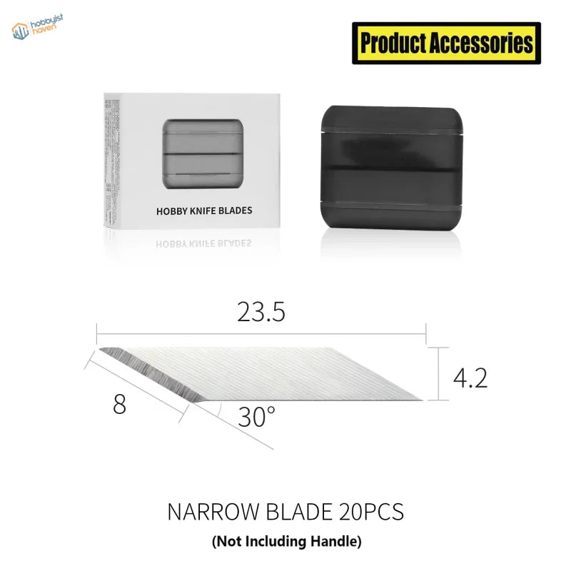 DSPIAE hobby knife black plastic blade case with white packaging and narrow silver blade diagram