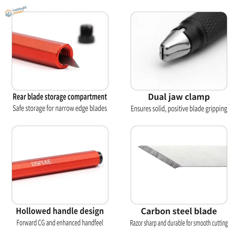 DSPIAE hobby knife with red aluminum body, black grip, silver clamp