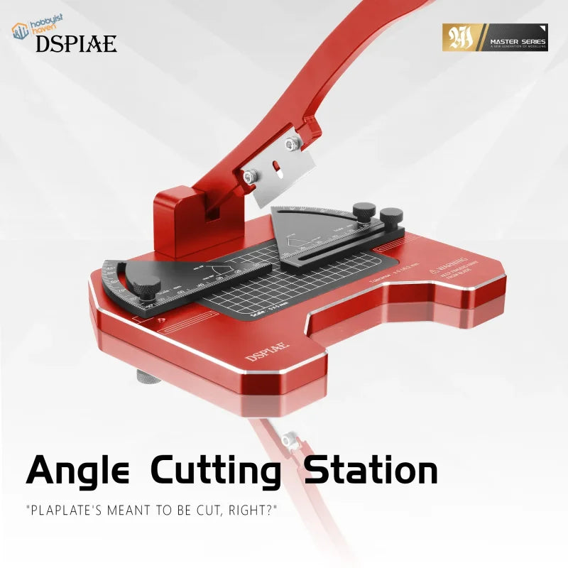 DSPIAE angle cutting station with red metal frame and black guides
