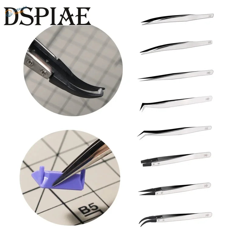 Dspiae anti-static tweezers set in stainless steel, 7 silver black models