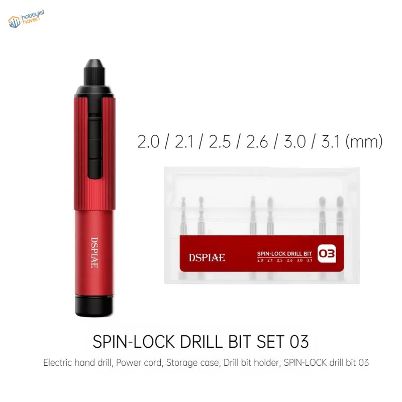 DSPIAE AT-ED orbit electric hand drill with red black spin-lock bits textured grip