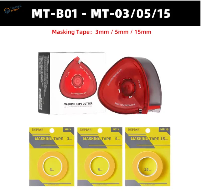 DSPIAE masking tape cutter with red triangular design and 3mm, 5mm, 15mm yellow tape rolls