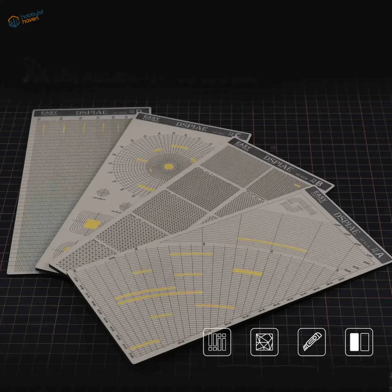 Three DSPIAE masking tape cutting templates with white yellow patterns