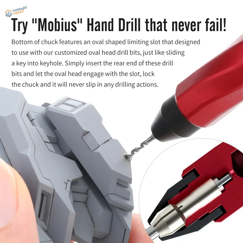 DSPIAE Mobius hand drill with red black design and oval chuck slot