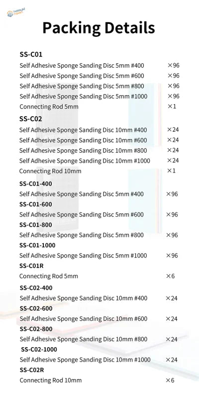 DSPIAE sanding disks packing list with 5mm 10mm rods #400 #600 #800 grits for scale modeling