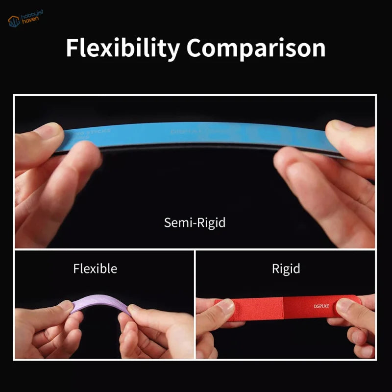 Hands flexing blue semi-rigid strap on DSPIAE semi-rigid sanding sticks
