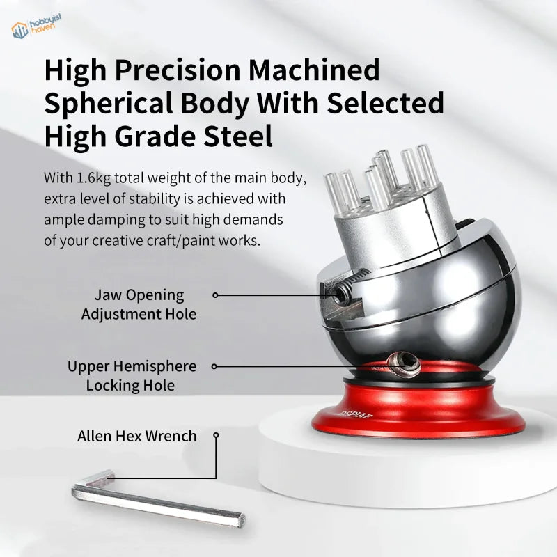 DSPIAE Universal Spherical Vise with polished silver hemisphere and red base