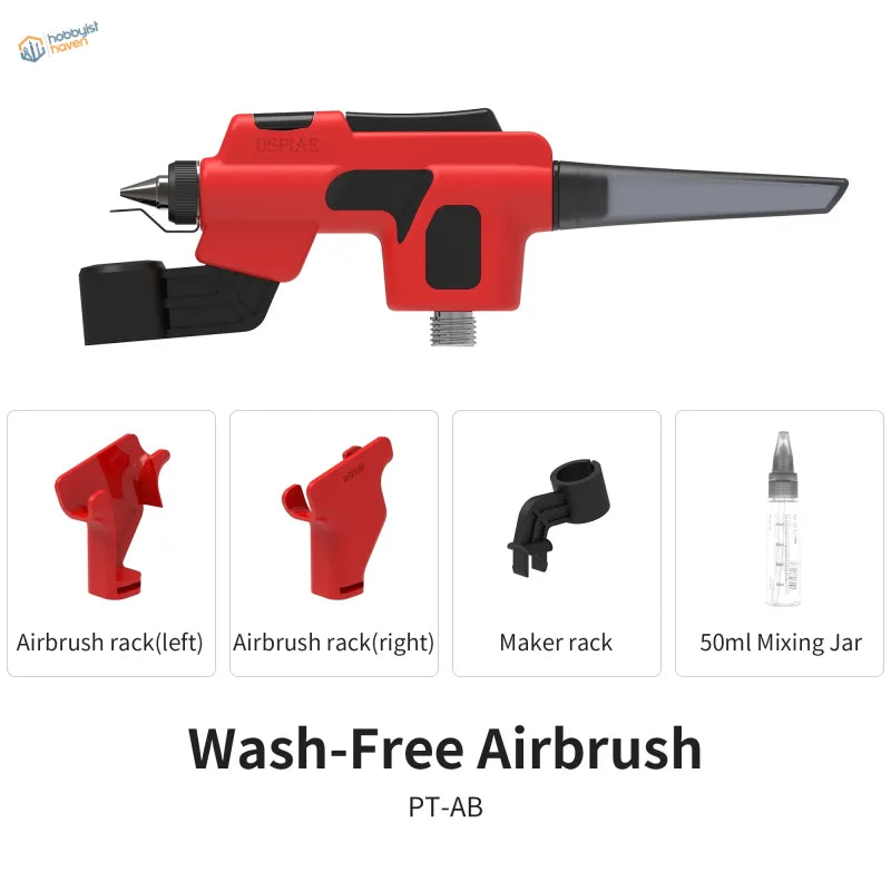 DSPIAE wash-free PT-AB airbrush with red black pistol grip and paint mixing bottle