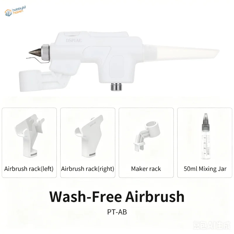White plastic wash-free pt-ab airbrush with metallic nozzle and threaded base for use with paint mixing bottle and airbrush rack
