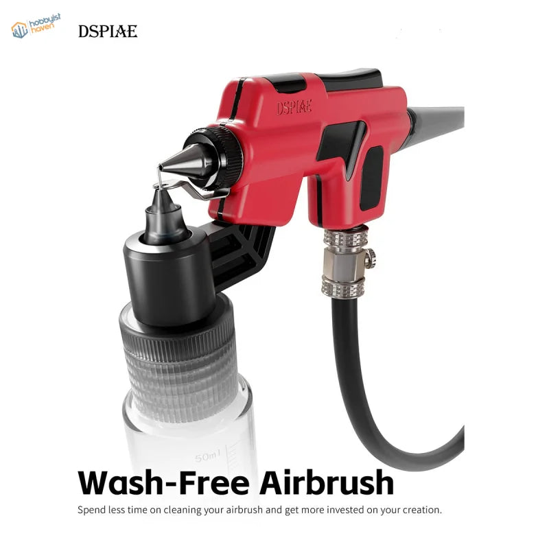 DSPIAE wash-free airbrush in red and black with metallic nozzle and hose