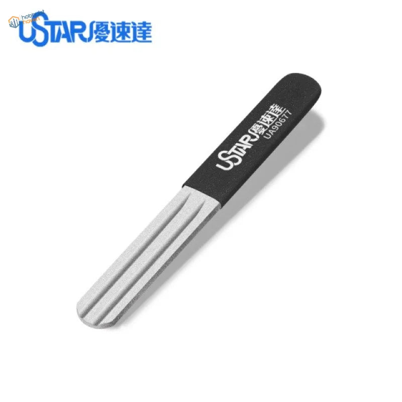 Black and silver edge chamfering file with textured grip and grooves