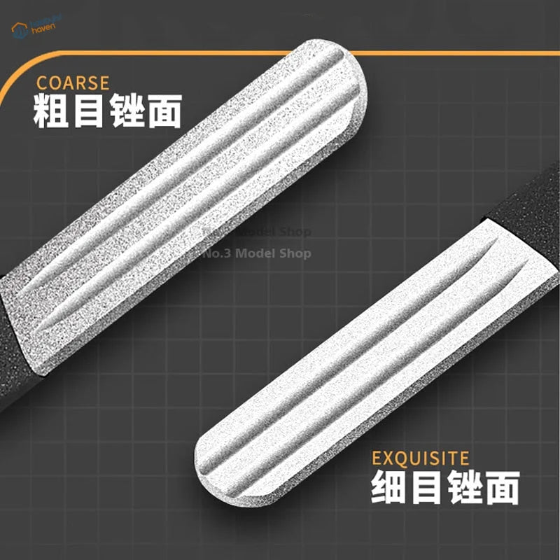 Edge chamfering file with silver coarse and fine grit sanding blocks