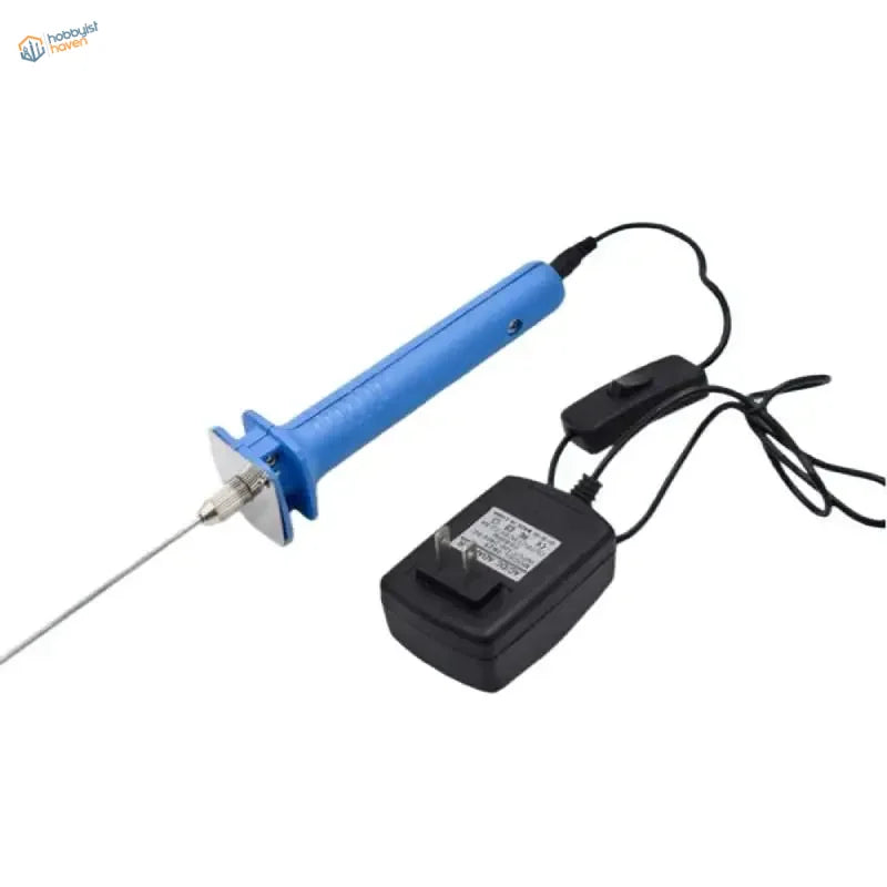Blue-handled electric foam cutter with metallic tip and US/EU plug
