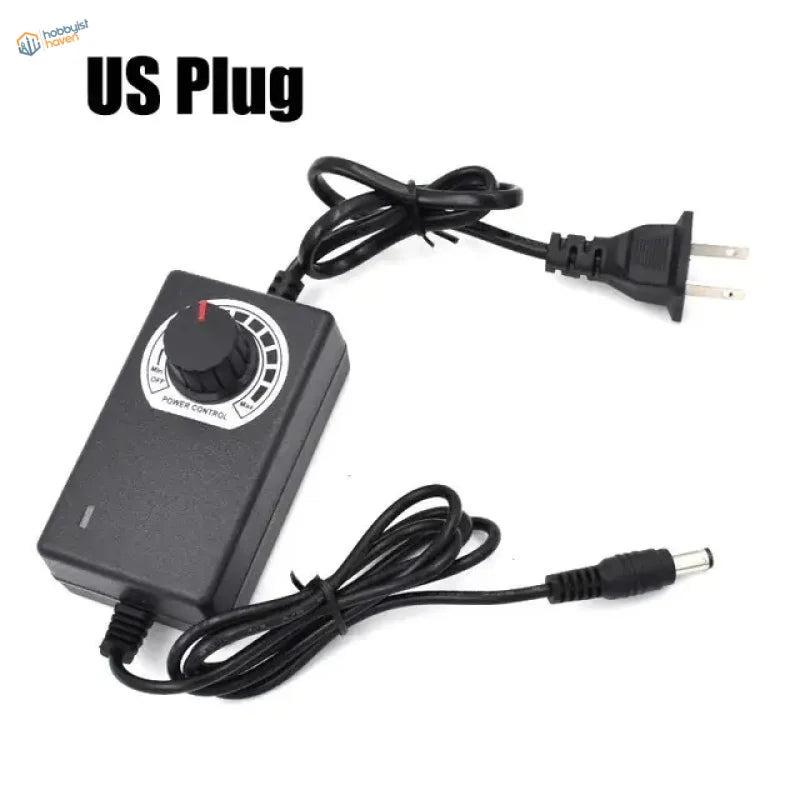 Black plastic electric foam cutter power supply with rotary voltage dial and US plug