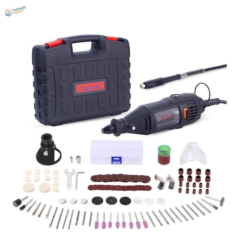 Black Oxawee electric mini drill with 220V EU plug, attachments and case