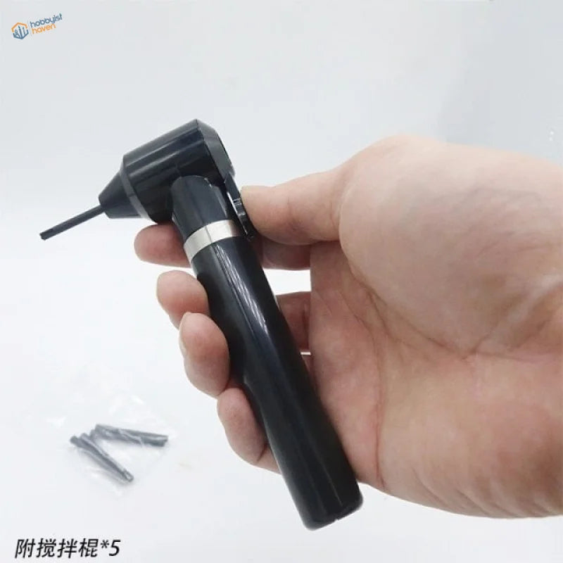 Black electric paint stirrer drill with silver ring and curved tip