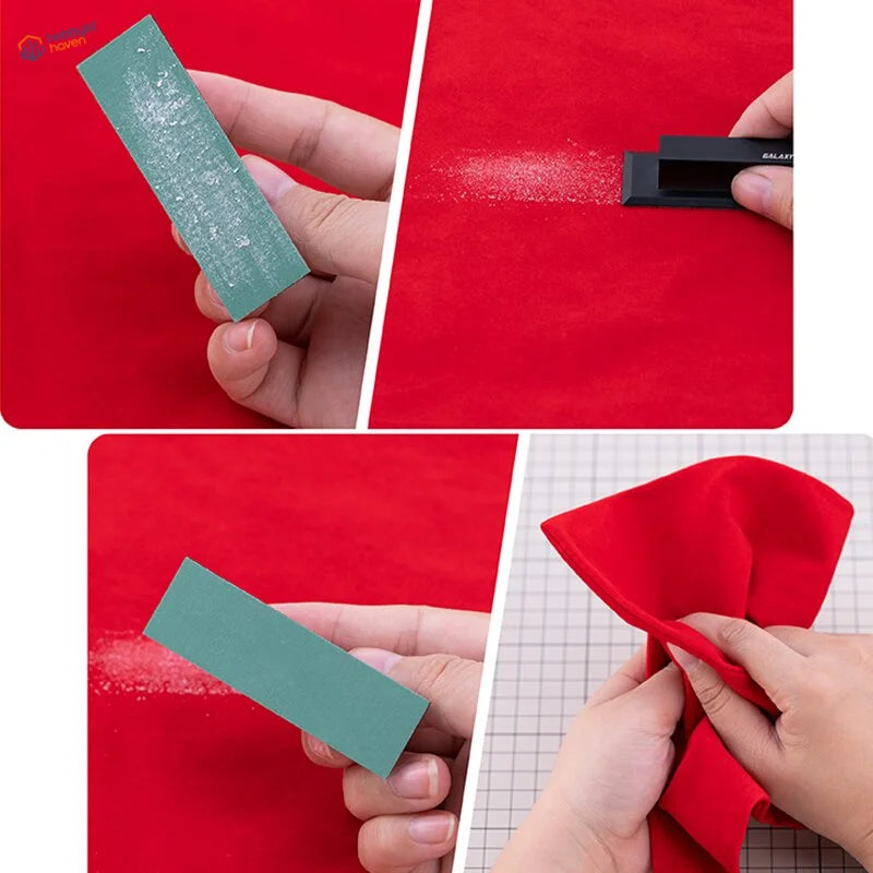 Green sanding block grinds red fabric on electrostatic cloth for sanding dust in scale modeling